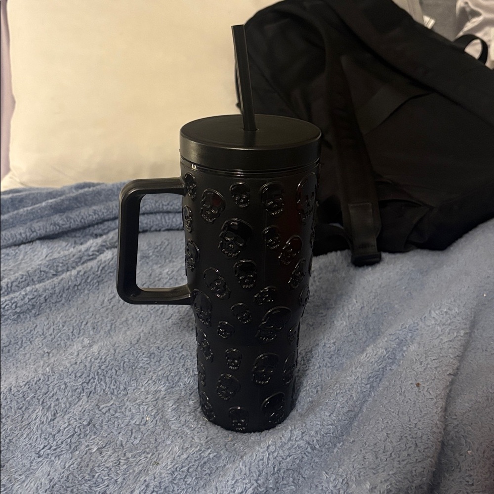 Black Skull Embossed Tumbler with Straw